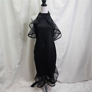 QUIZ Black Organza Ruffle Halterneck Bodycon Midi Dress Size US 10